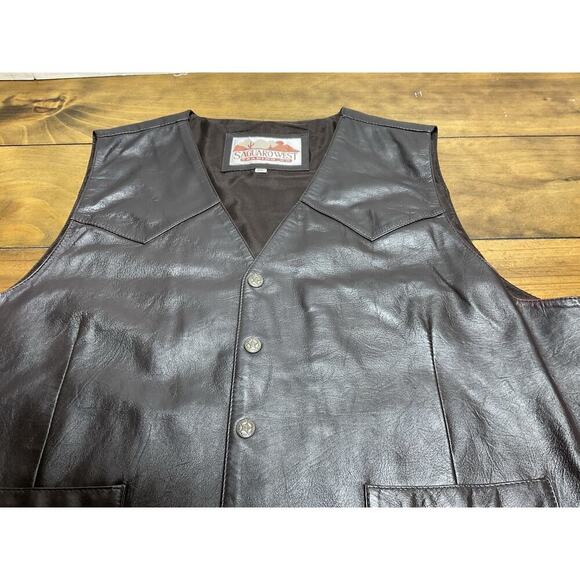 Saguaro West Trading Company Leather Vest Mens 2XL Brown Snap Western Cowboy - Picture 3 of 10